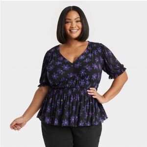 Ava & Viv Slim Fit Puff Elbow Sleeve V-Neck Mesh Top Plus Size Ladies Floral NWT